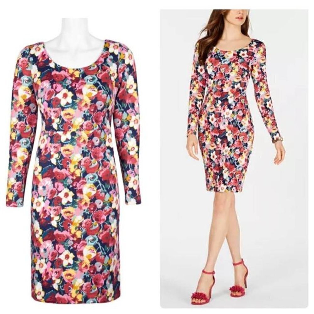 Betsey Johnson Blue Floral Multi Long Sleeve‎ Sheath Dress 6